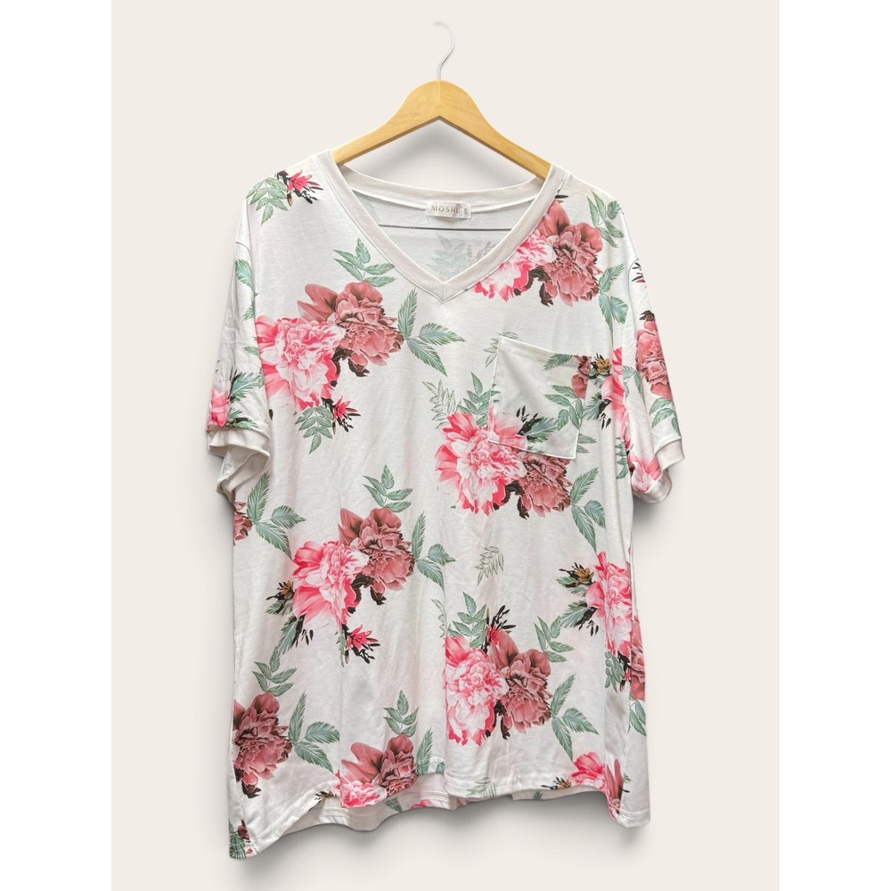 Moshu Women XXL Floral V-Neck Short Sleeve Pocket Tee White Pink Peony Top